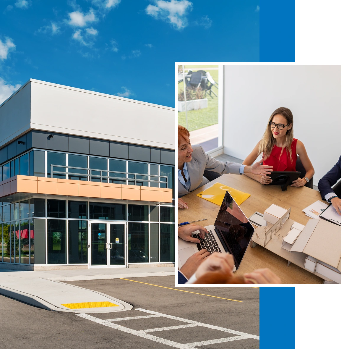 Modern office building and business meeting scene.