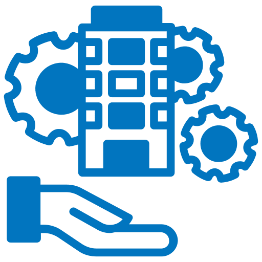 Hand supporting building with gears icon.